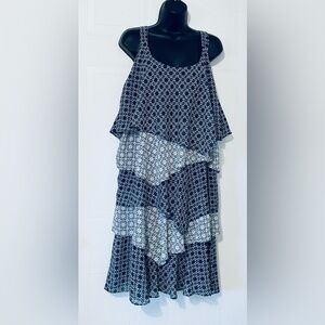 Signature Robbie Bee Women's Blue Geometric Tiered Ruffled Sleeveless Dress 16W